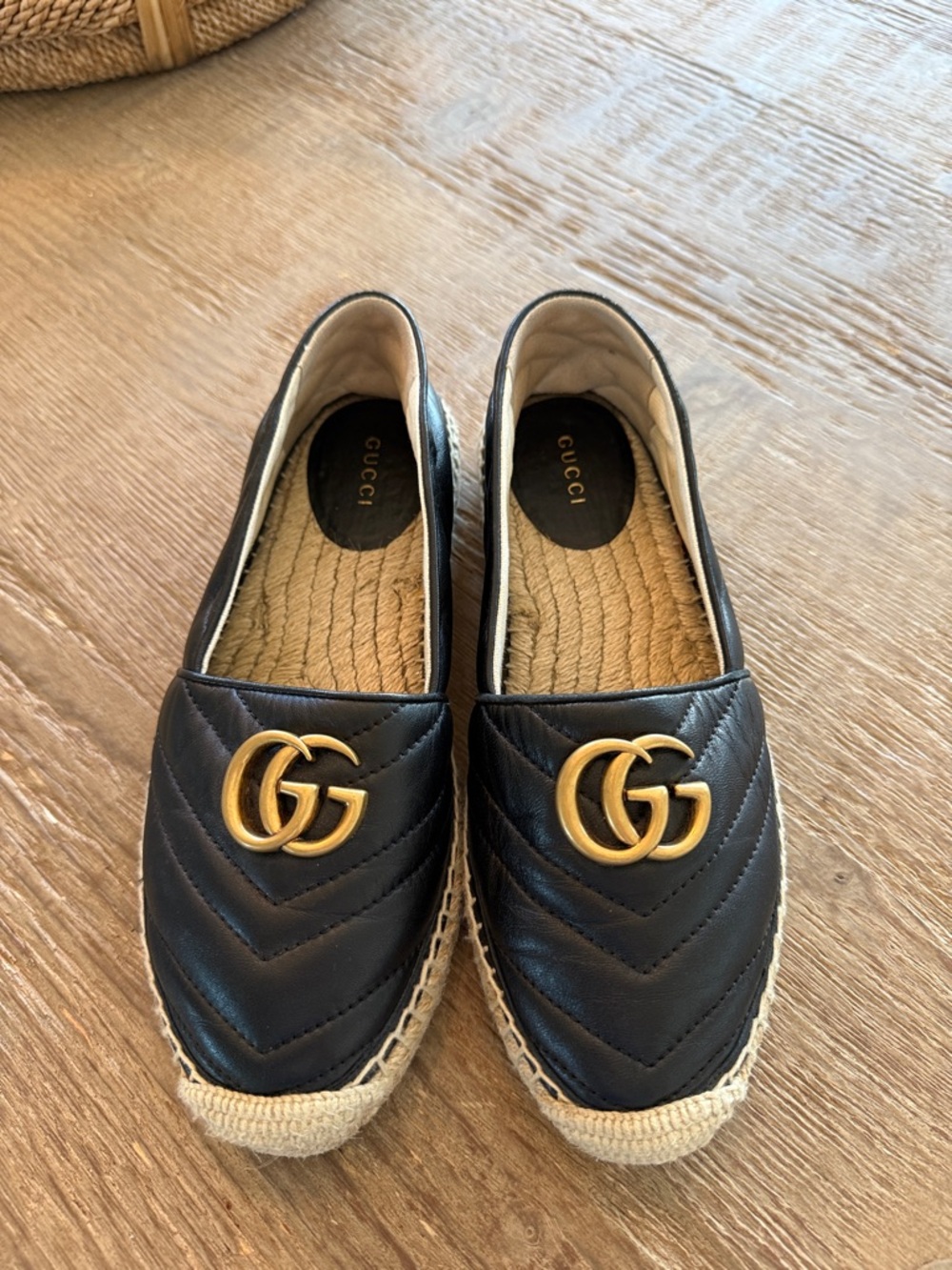 Gucci Black Quilted Leather Espadrilles with Gold GG Hardware